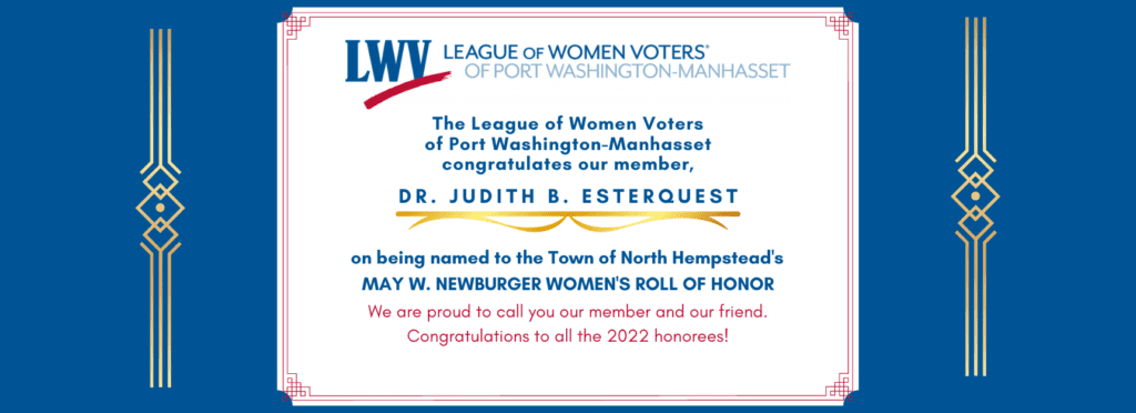 Announcement of Judith Esterquest's naming to TONH Women's Roll of Honor