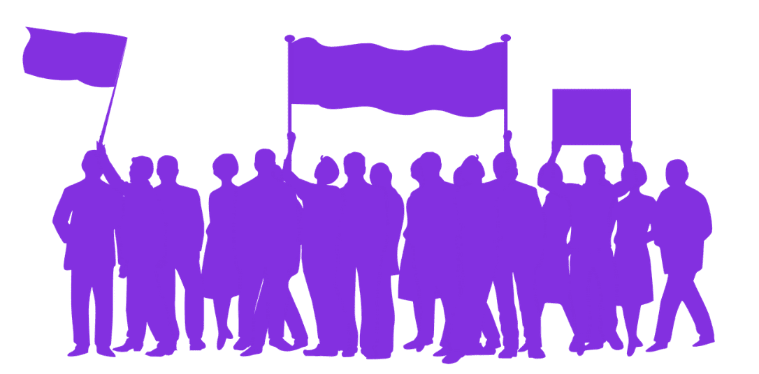 Cartoon in purple silhouette of people holding rally flags