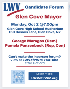 flyer about Glen Cove Mayor Candidate Forum on 2 Oct 2023