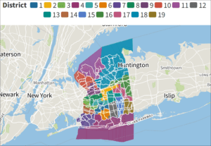 Map showing different colored districts numbered 1 to 19, covering areas around New York, Huntington, and Islip.