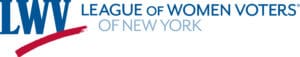 Logo for the League of Women Voters of New York, featuring the acronym "LWV" in blue with a red underline, and the organization's full name in blue and gray text.