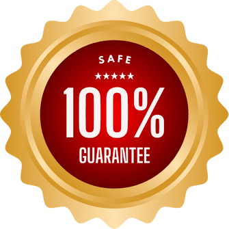 Gold seal with a red center displaying the text "Safe 100% Guarantee" in white, surrounded by a wavy gold border.