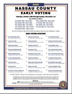 Poster listing Nassau County 2026 Early Voting dates, hours, and locations, with contact info and notes at the bottom. Official Nassau County seal is at the lower right corner.