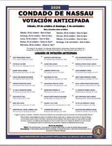 Bilingual flyer listing early voting dates, times, and polling locations in Nassau County for October-November 2026, with official logos and contact information at the bottom.