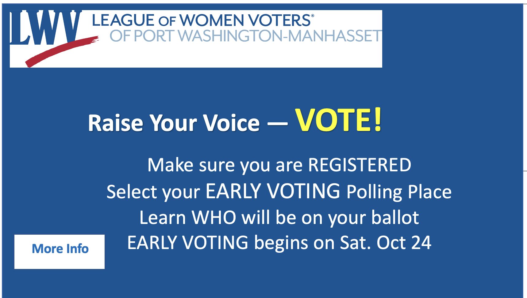 League of Women Voters flyer urging early voting, with registration information and early voting start date of Saturday, October 24.