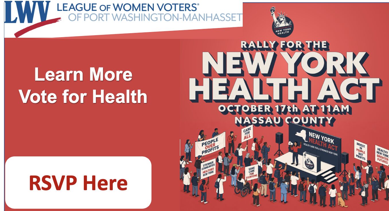 League of Women Voters flyer for a rally supporting the New York Health Act on October 17th in Nassau County, featuring a button to RSVP.
