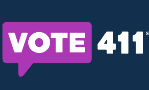 Vote411 logo — vote in purple rectangle on blue rectangle with 411